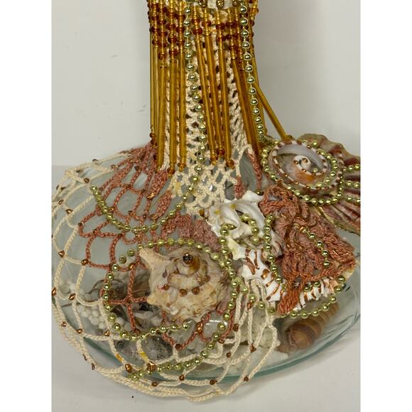 Elegant Beach Decor Glass Bottle Artisan Shell Netting Beaded Gold Ivory 10" - Picture 2 of 6